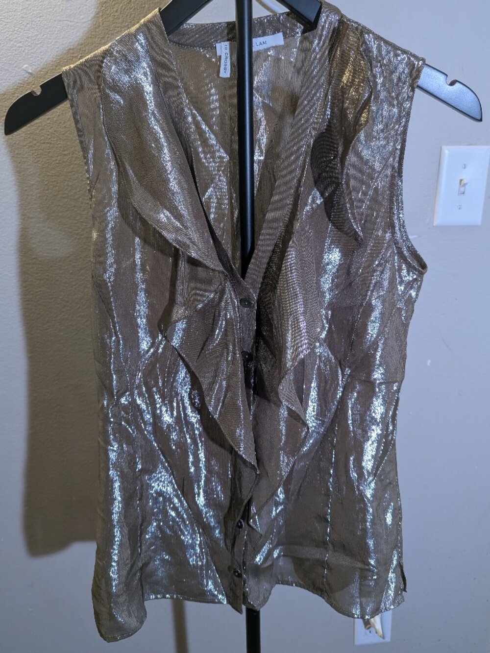 Derek Lam Silk Sleeveless Ruffle Button Down Deep V Neck Blouse